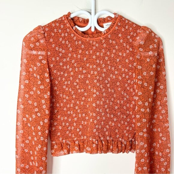 Aritzia Wilfred Lilith Blouse Cropped Smocked Floral Long sleeve Orange Size XS - Picture 4 of 16